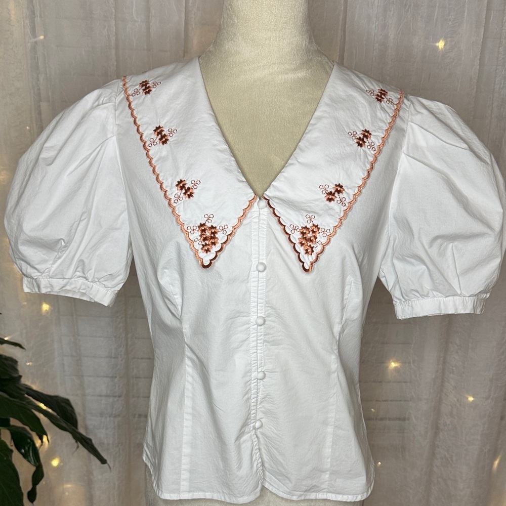 Greylin White Blouse with Rust Embroidery